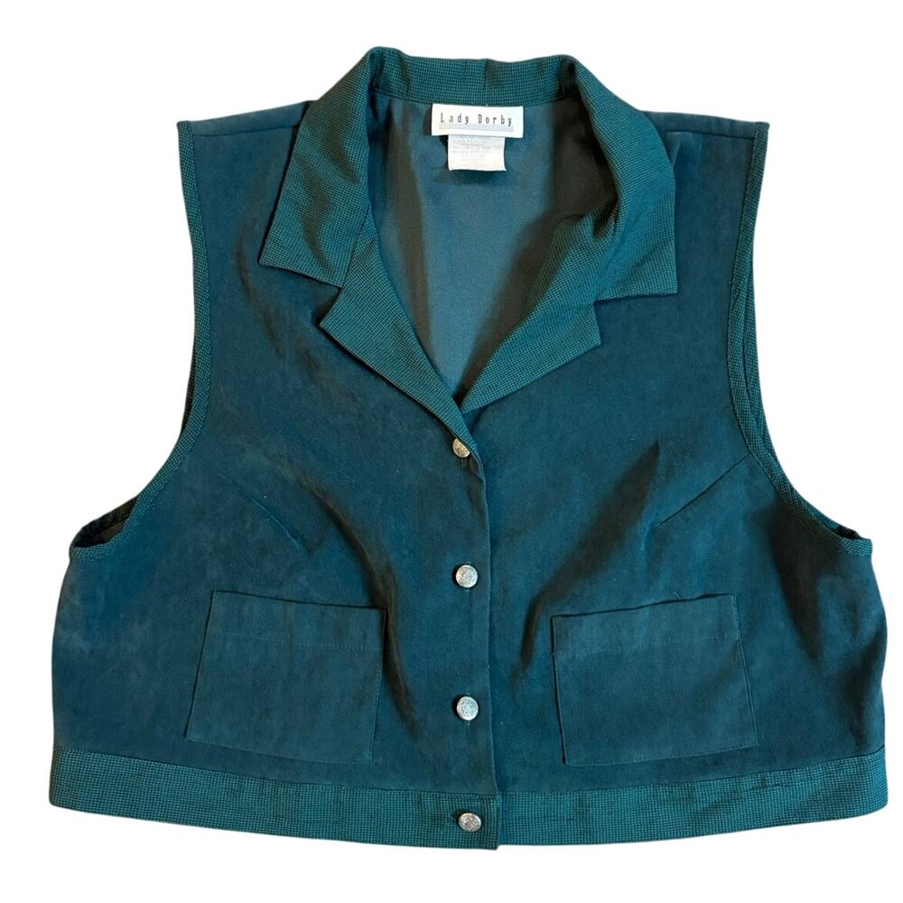 Lady Dorby Womens 18W Green‎ Plaid Vintage Silver Button Front Vest EUC